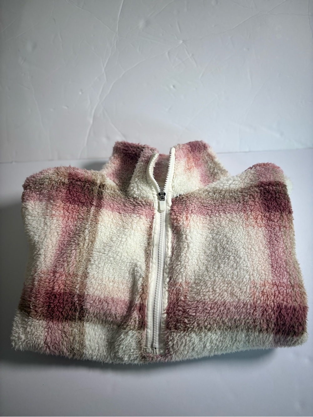 No Boundaries Cream & Pink Plaid Plush Half-Zip Sweater